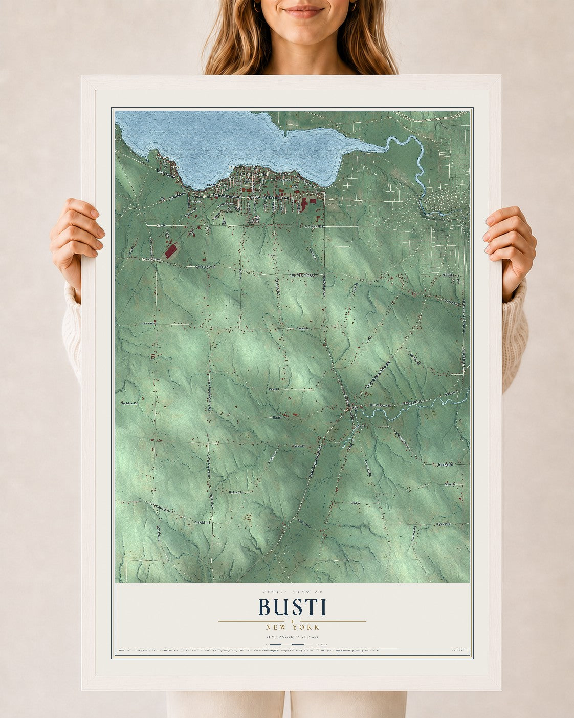 Busti, New York map print, 24" x 36" W/ White Ayous Wood Frame mockup