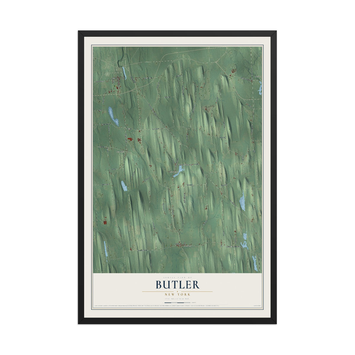 Butler, New York map print, 12" x 18" W/ Black Ayous Wood Frame mockup