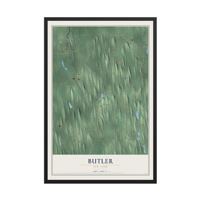 Butler, New York map print, 12" x 18" W/ Black Ayous Wood Frame mockup