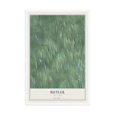 Butler, New York map print, 12" x 18" W/ White Ayous Wood Frame mockup