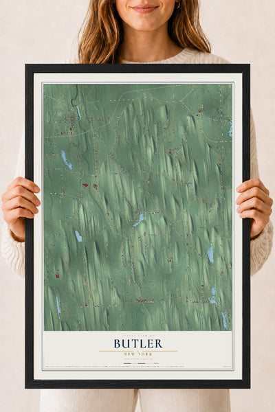 Butler, New York map print, 18" x 24" W/ Black Ayous Wood Frame mockup