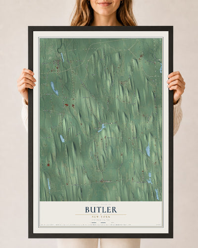 Butler, New York map print, 24" x 36" W/ Black Ayous Wood Frame mockup