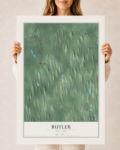 Butler, New York map print, 24" x 36" W/ White Ayous Wood Frame mockup