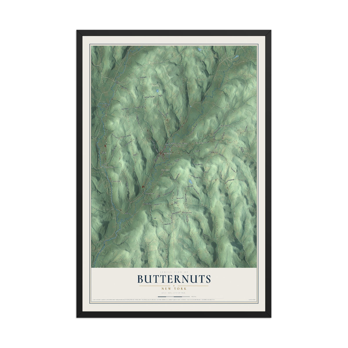 Butternuts, New York map print, 12" x 18" W/ Black Ayous Wood Frame mockup