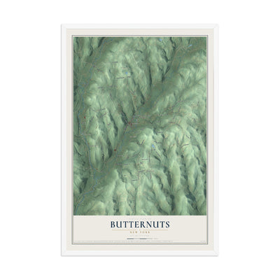 Butternuts, New York map print, 12" x 18" W/ White Ayous Wood Frame mockup