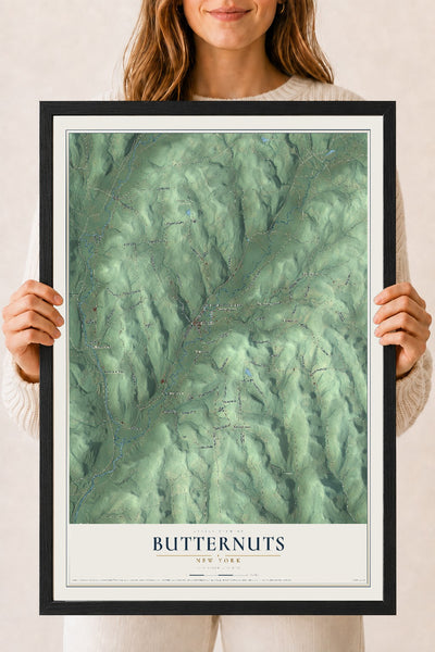 Butternuts, New York map print, 18" x 24" W/ Black Ayous Wood Frame mockup