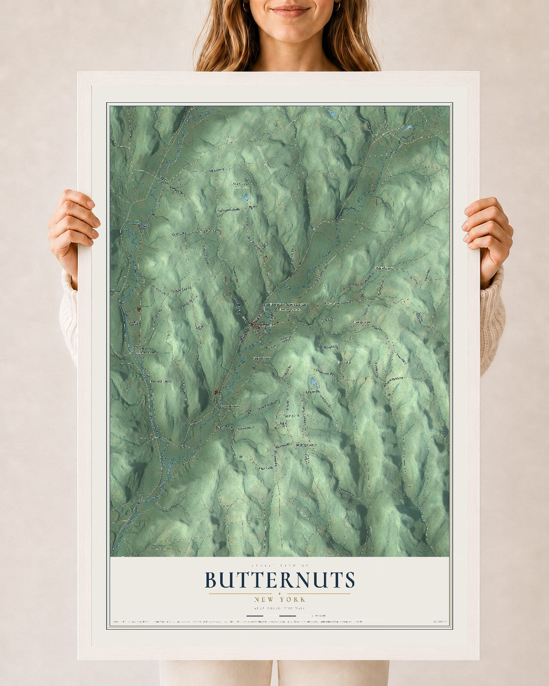 Butternuts, New York map print, 24" x 36" W/ White Ayous Wood Frame mockup