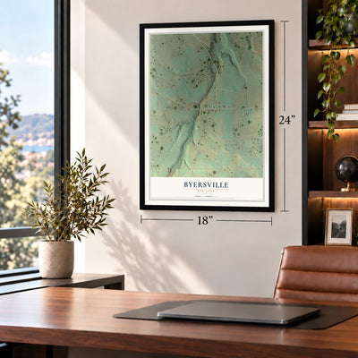 Byersville, New York map, 18 x 24 inch print in a black frame in a home office