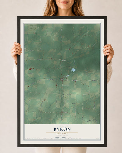 Byron, New York map print, 24" x 36" W/ Black Ayous Wood Frame mockup