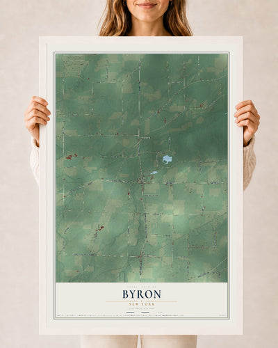 Byron, New York map print, 24" x 36" W/ White Ayous Wood Frame mockup