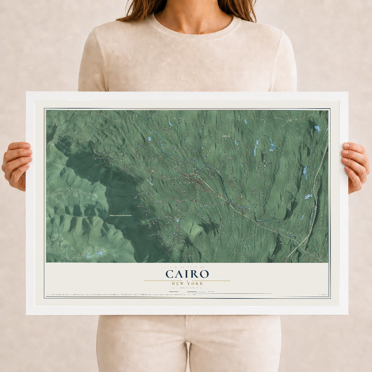 Cairo, New York map print, 12" x 18" W/ White Ayous Wood Frame mockup