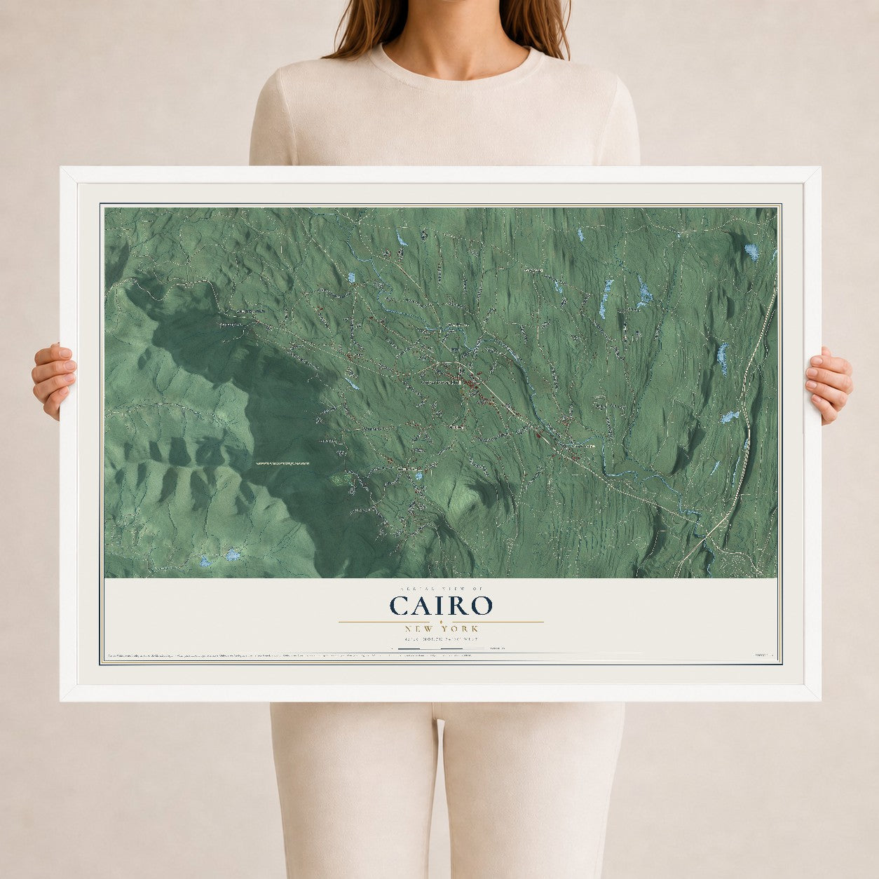 Cairo, New York map print, 24" x 36" W/ White Ayous Wood Frame mockup