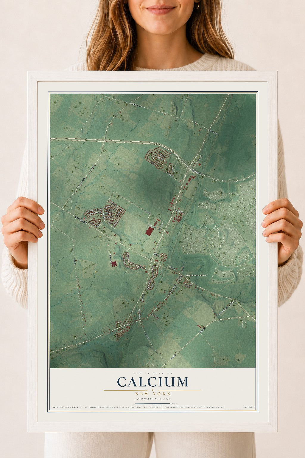 Calcium, New York map print, 18" x 24" W/ White Ayous Wood Frame mockup