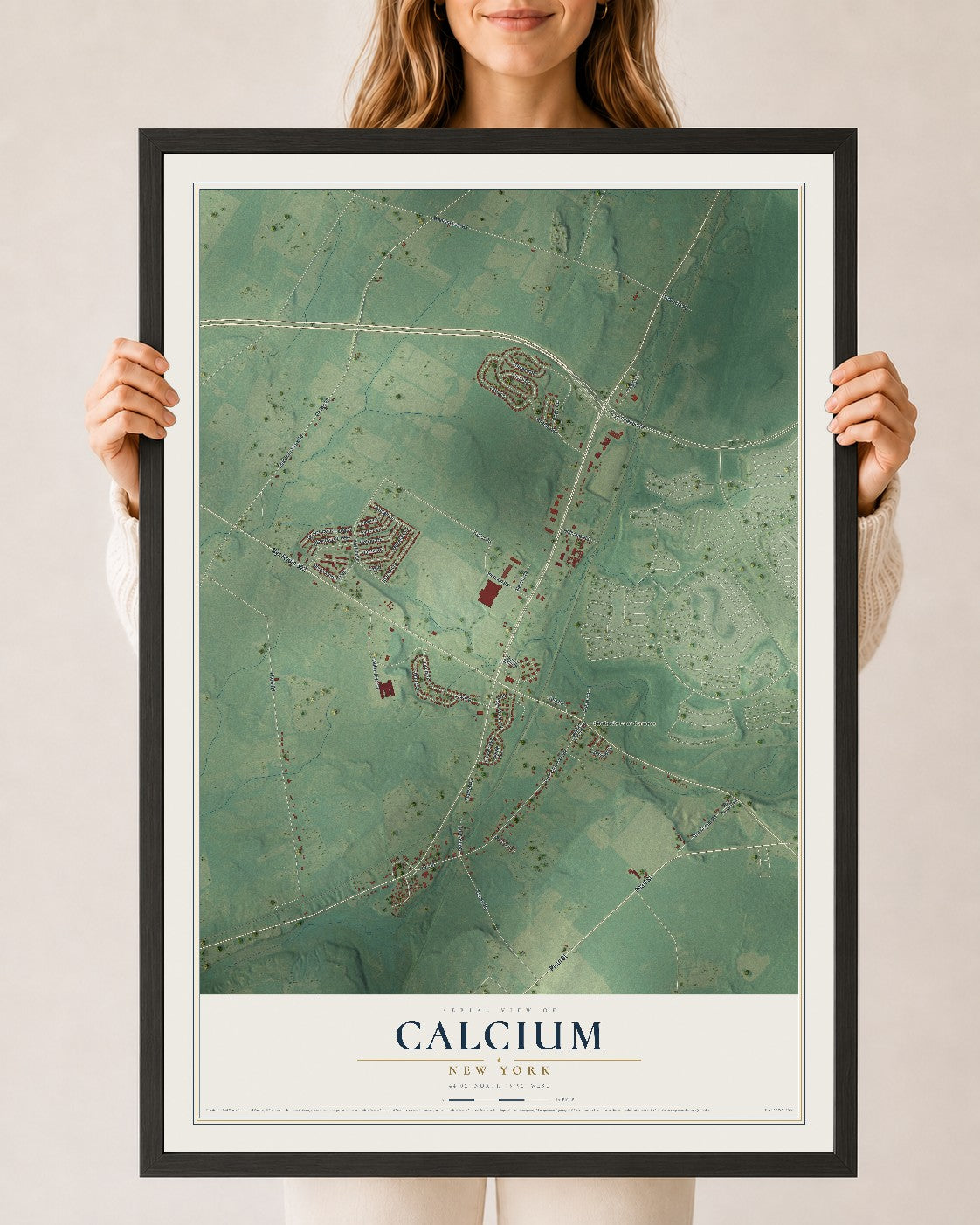 Calcium, New York map print, 24" x 36" W/ Black Ayous Wood Frame mockup