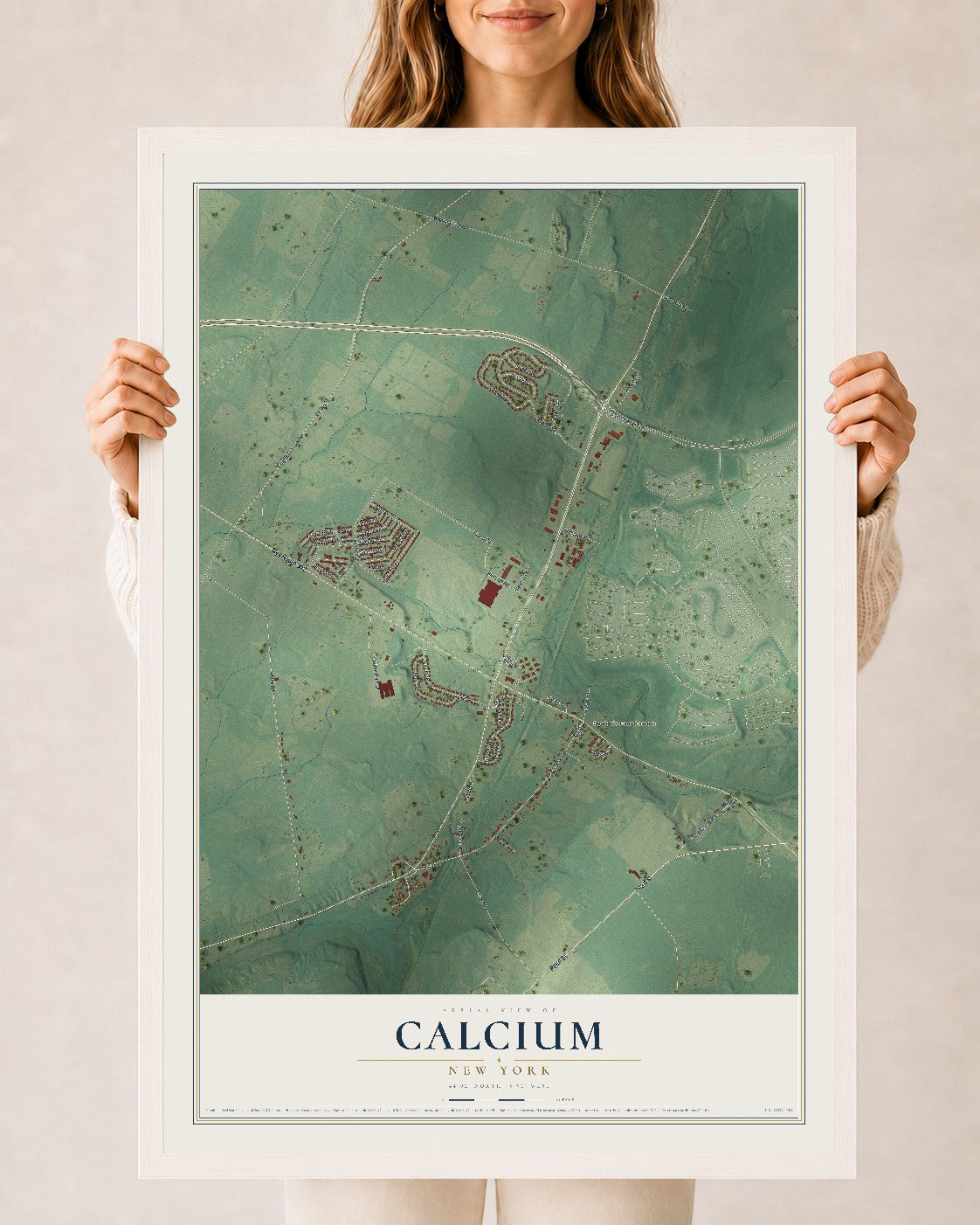 Calcium, New York map print, 24" x 36" W/ White Ayous Wood Frame mockup