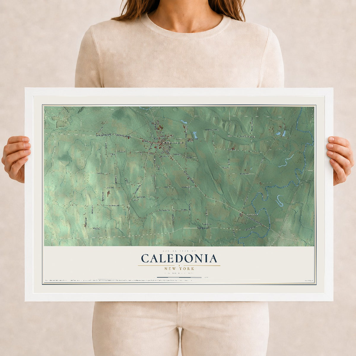 Caledonia, New York map print, 12" x 18" W/ White Ayous Wood Frame mockup
