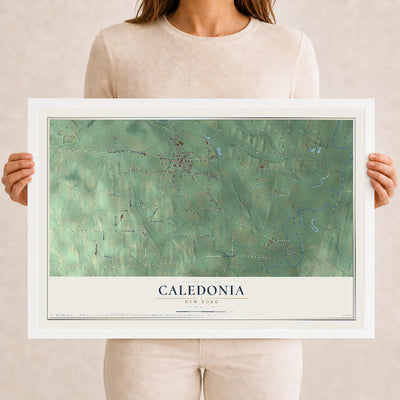 Caledonia, New York map print, 12" x 18" W/ White Ayous Wood Frame mockup
