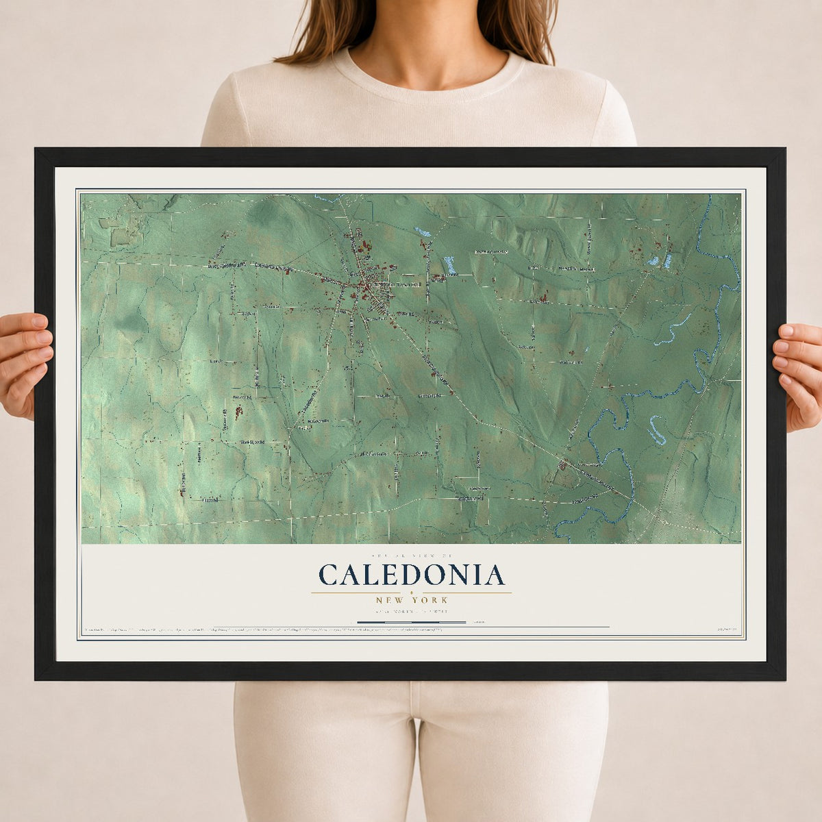 Caledonia, New York map print, 18" x 24" W/ Black Ayous Wood Frame mockup
