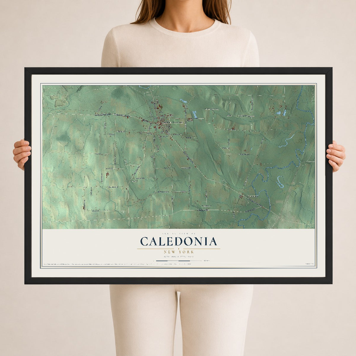 Caledonia, New York map print, 24" x 36" W/ Black Ayous Wood Frame mockup