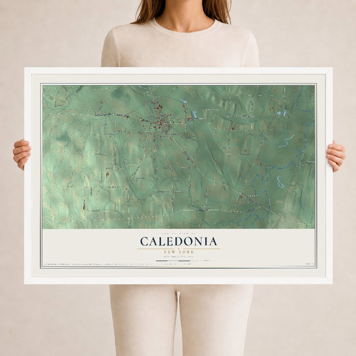 Caledonia, New York map print, 24" x 36" W/ White Ayous Wood Frame mockup