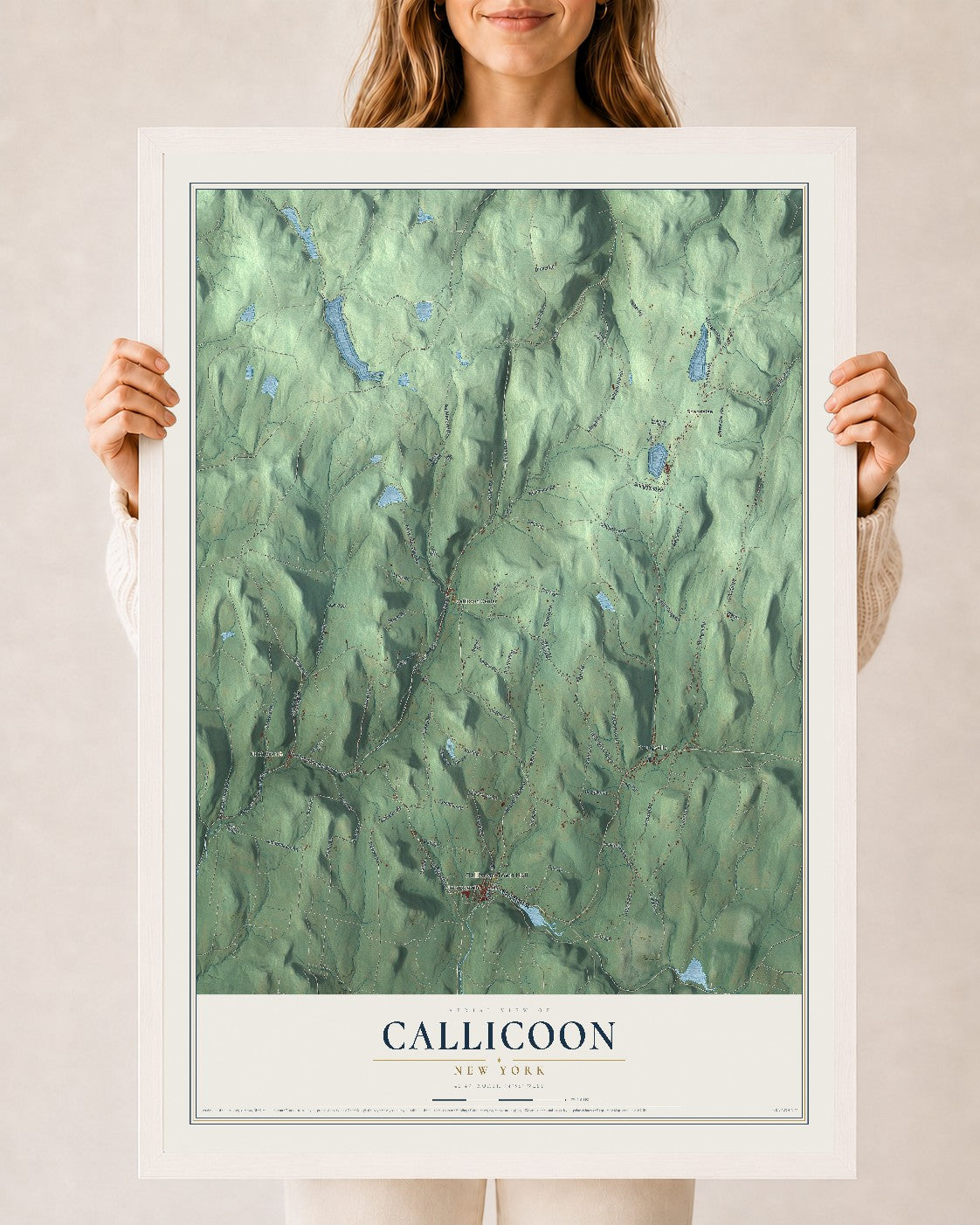 Callicoon, New York map print, 24" x 36" W/ White Ayous Wood Frame mockup