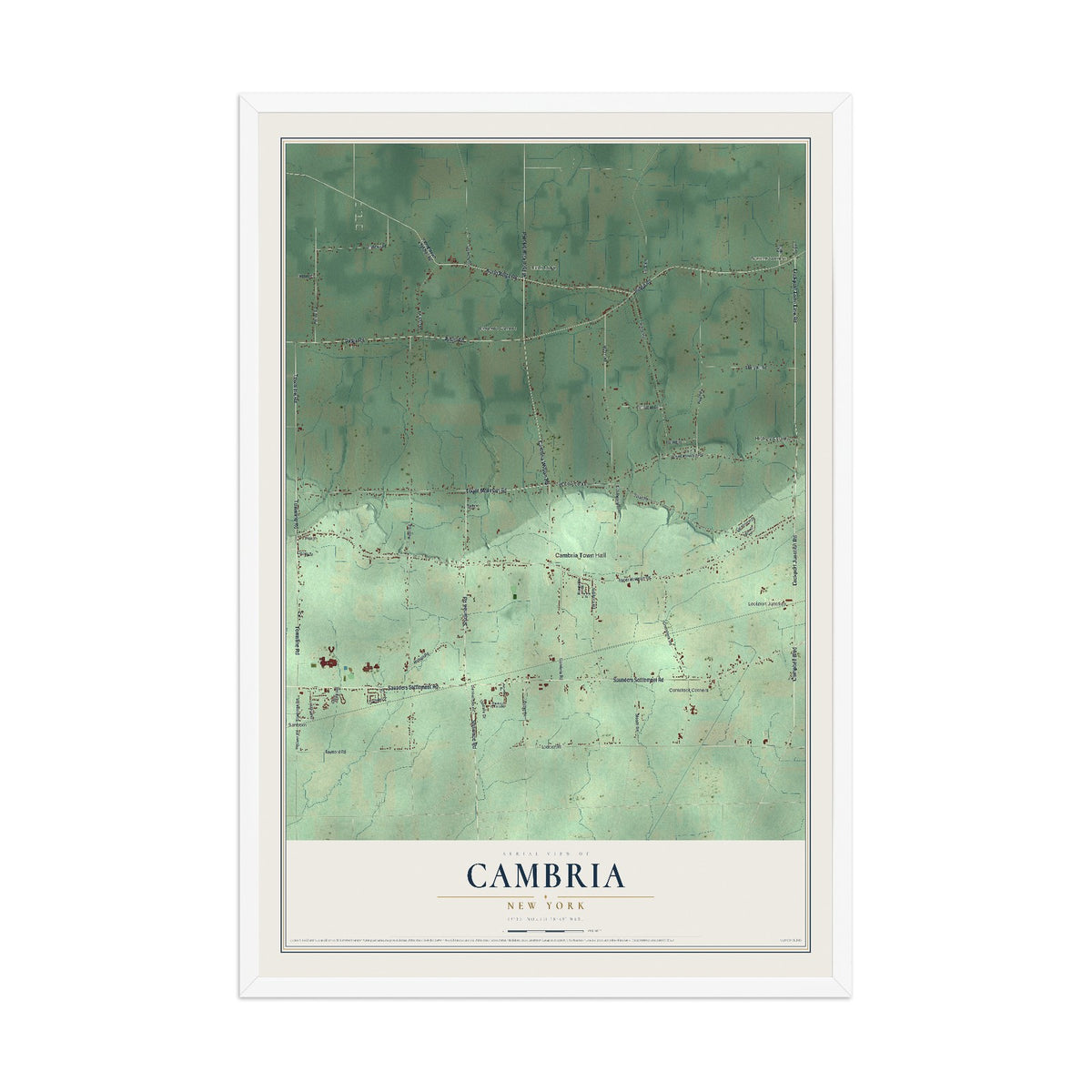 Cambria, New York map print, 12" x 18" W/ White Ayous Wood Frame mockup