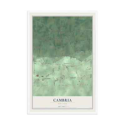 Cambria, New York map print, 12" x 18" W/ White Ayous Wood Frame mockup
