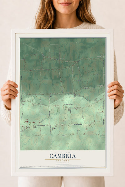 Cambria, New York map print, 18" x 24" W/ White Ayous Wood Frame mockup