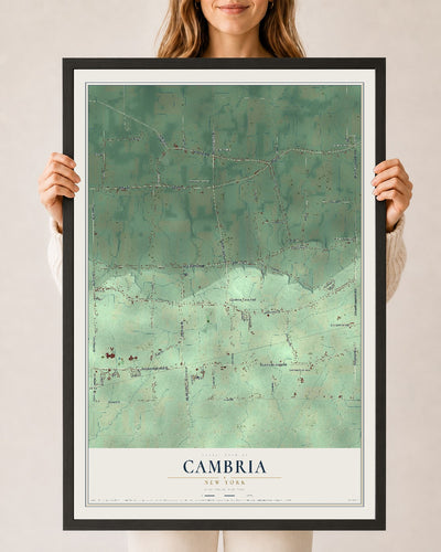 Cambria, New York map print, 24" x 36" W/ Black Ayous Wood Frame mockup