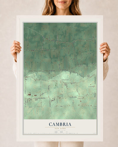 Cambria, New York map print, 24" x 36" W/ White Ayous Wood Frame mockup