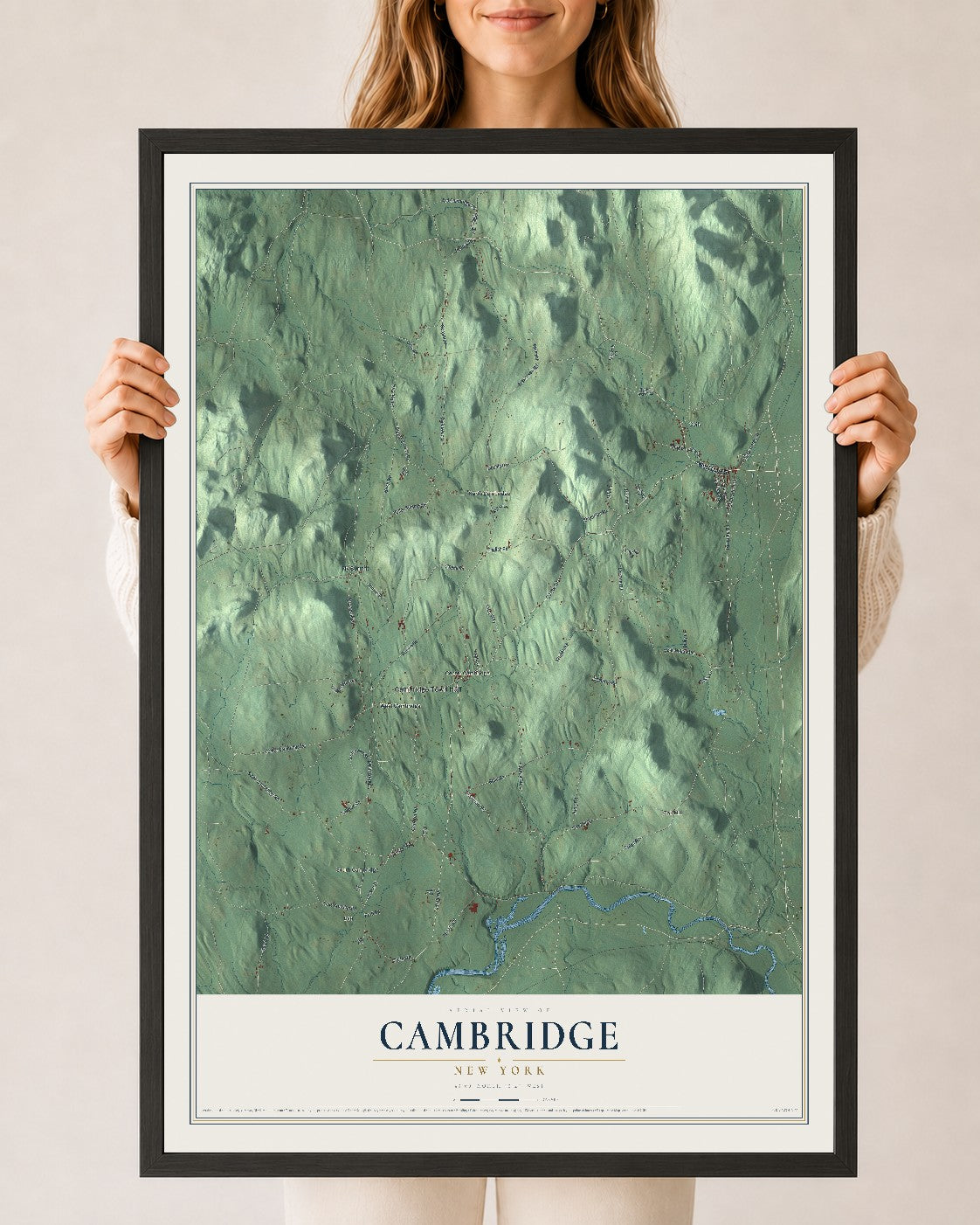 Cambridge, New York map print, 24" x 36" W/ Black Ayous Wood Frame mockup