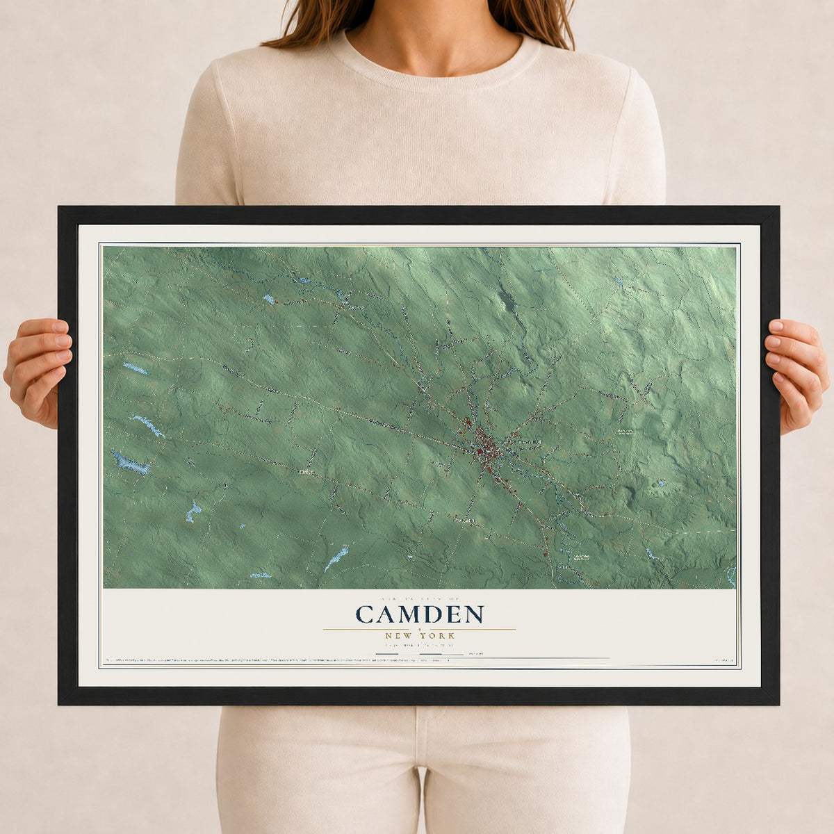 Camden, New York map print, 12" x 18" W/ Black Ayous Wood Frame mockup