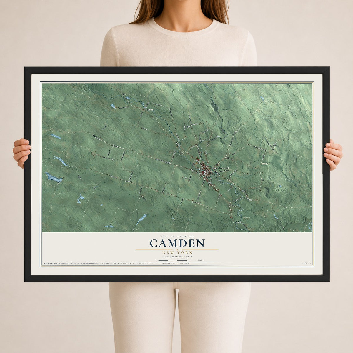 Camden, New York map print, 24" x 36" W/ Black Ayous Wood Frame mockup