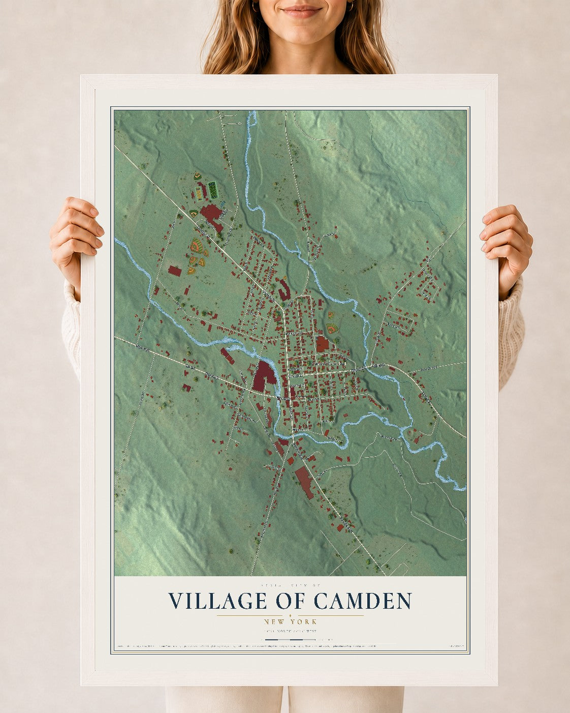 Camden, New York map print, 24" x 36" W/ White Ayous Wood Frame mockup