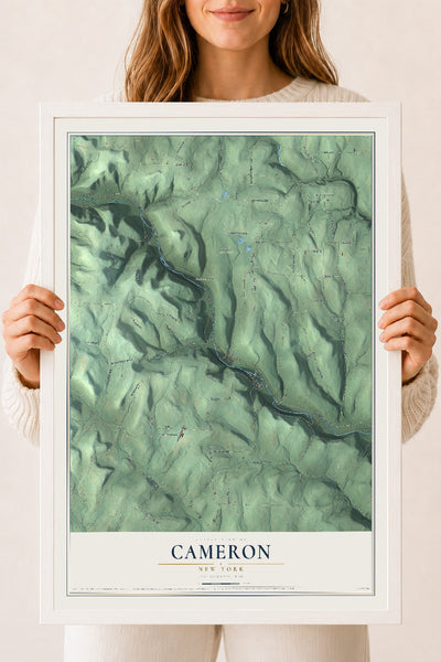 Cameron, New York map print, 18" x 24" W/ White Ayous Wood Frame mockup