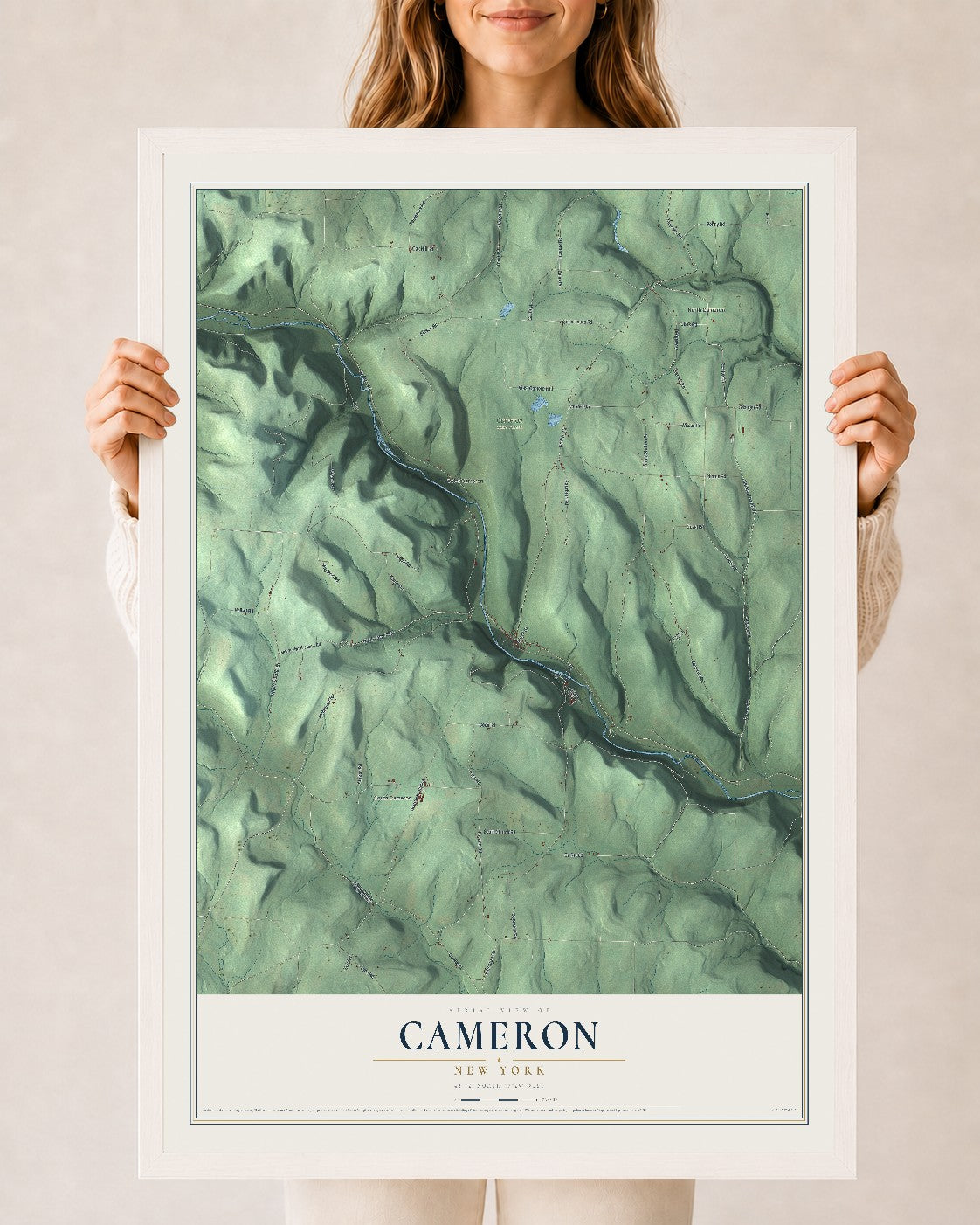 Cameron, New York map print, 24" x 36" W/ White Ayous Wood Frame mockup