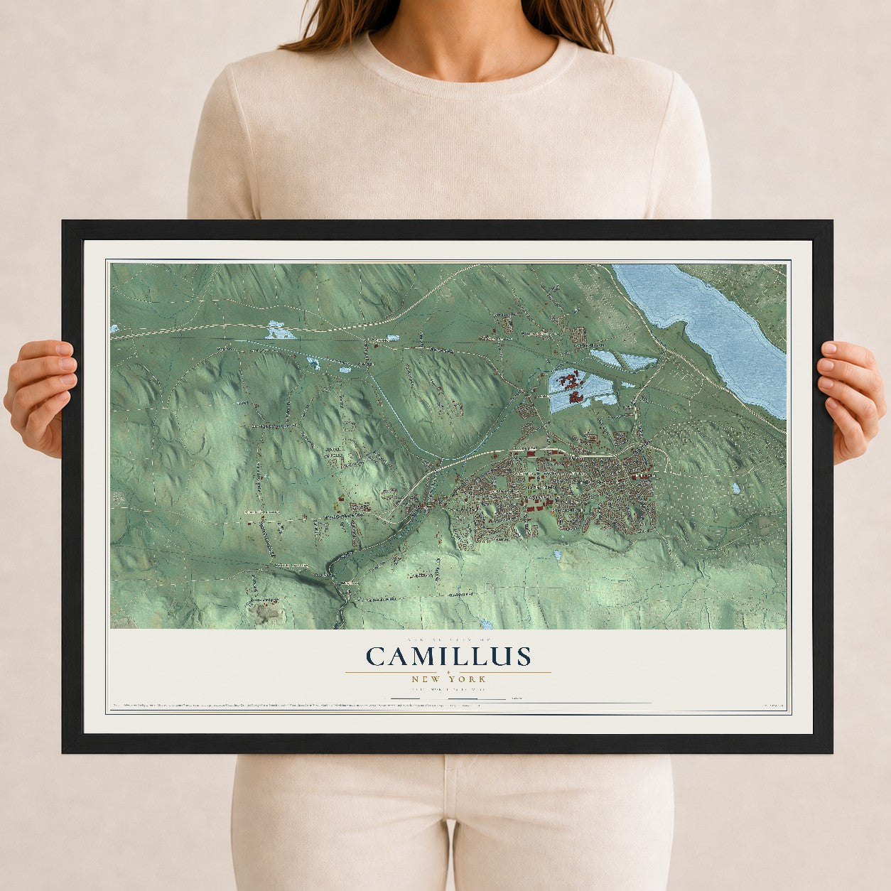 Camillus, New York map print, 12" x 18" W/ Black Ayous Wood Frame mockup