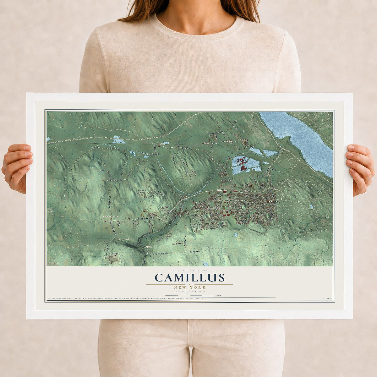 Camillus, New York map print, 12" x 18" W/ White Ayous Wood Frame mockup
