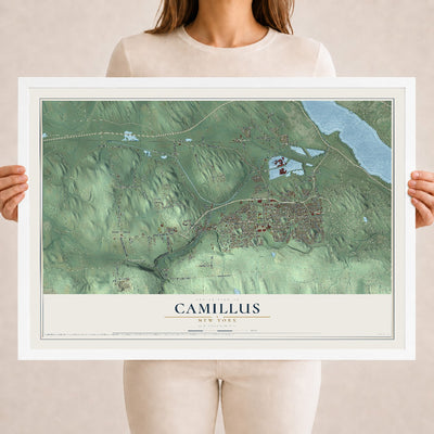 Camillus, New York map print, 18" x 24" W/ White Ayous Wood Frame mockup