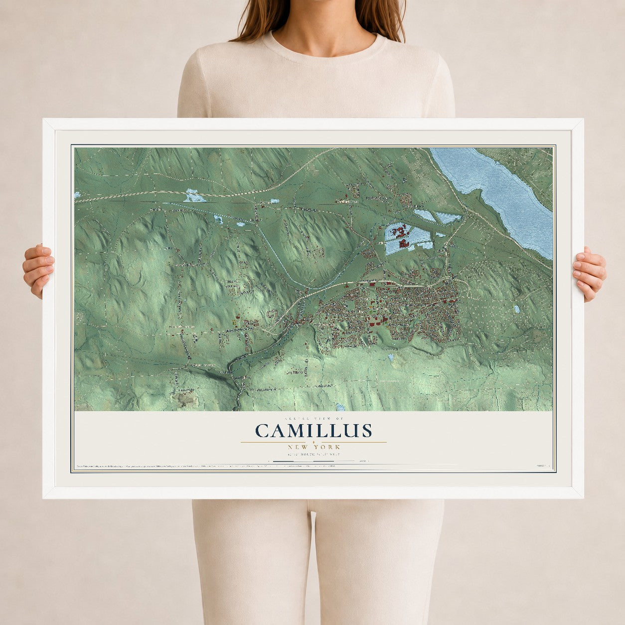 Camillus, New York map print, 24" x 36" W/ White Ayous Wood Frame mockup