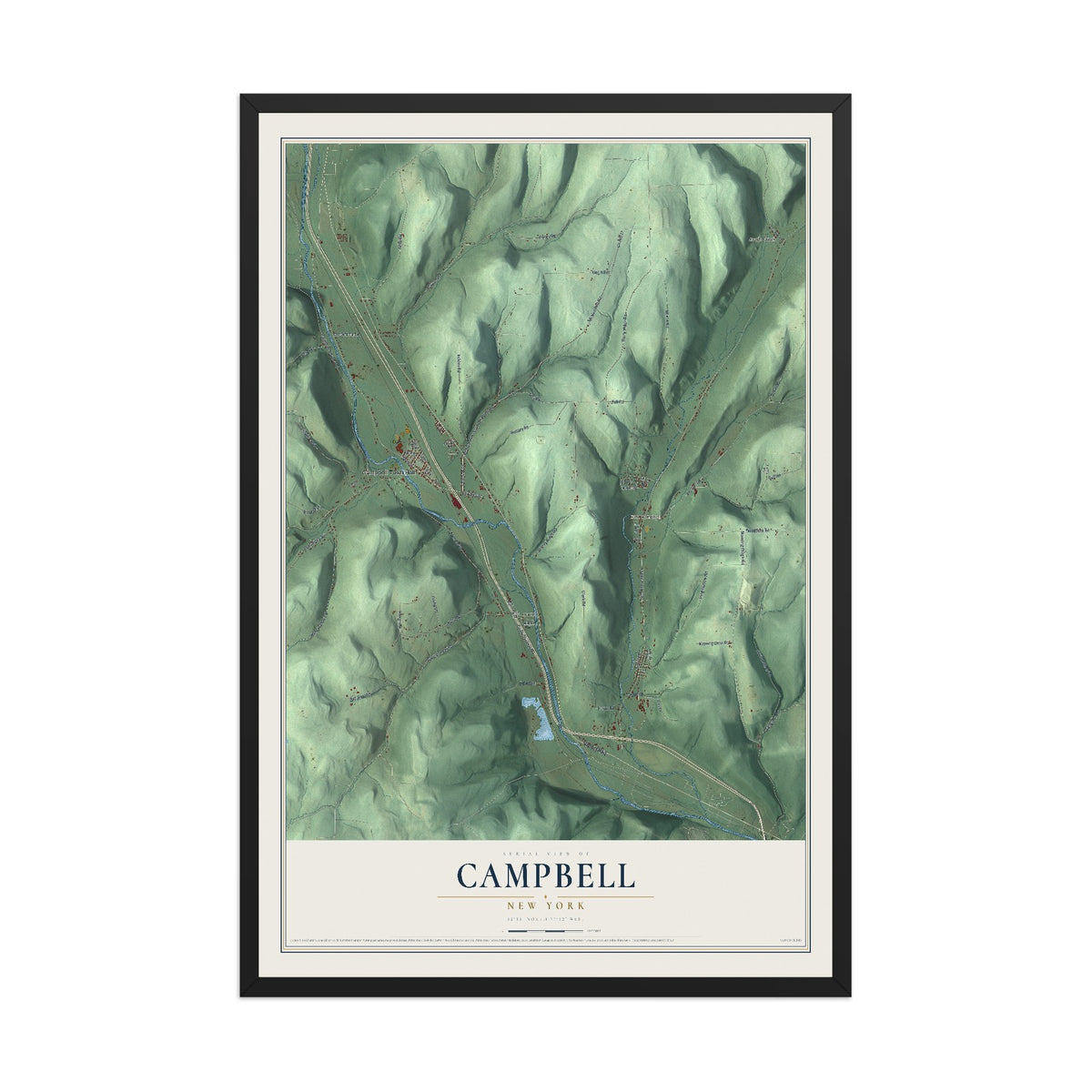 Campbell, New York map print, 12" x 18" W/ Black Ayous Wood Frame mockup