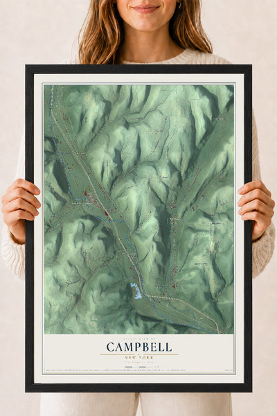 Campbell, New York map print, 18" x 24" W/ Black Ayous Wood Frame mockup