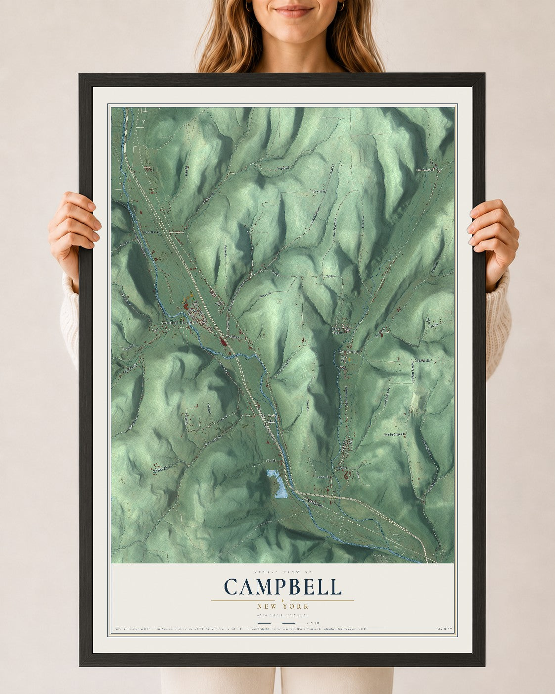 Campbell, New York map print, 24" x 36" W/ Black Ayous Wood Frame mockup