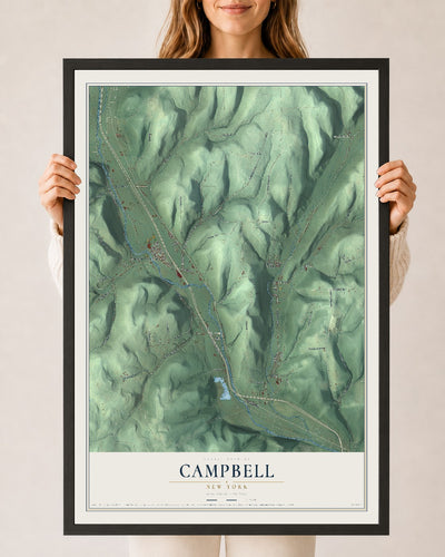 Campbell, New York map print, 24" x 36" W/ Black Ayous Wood Frame mockup