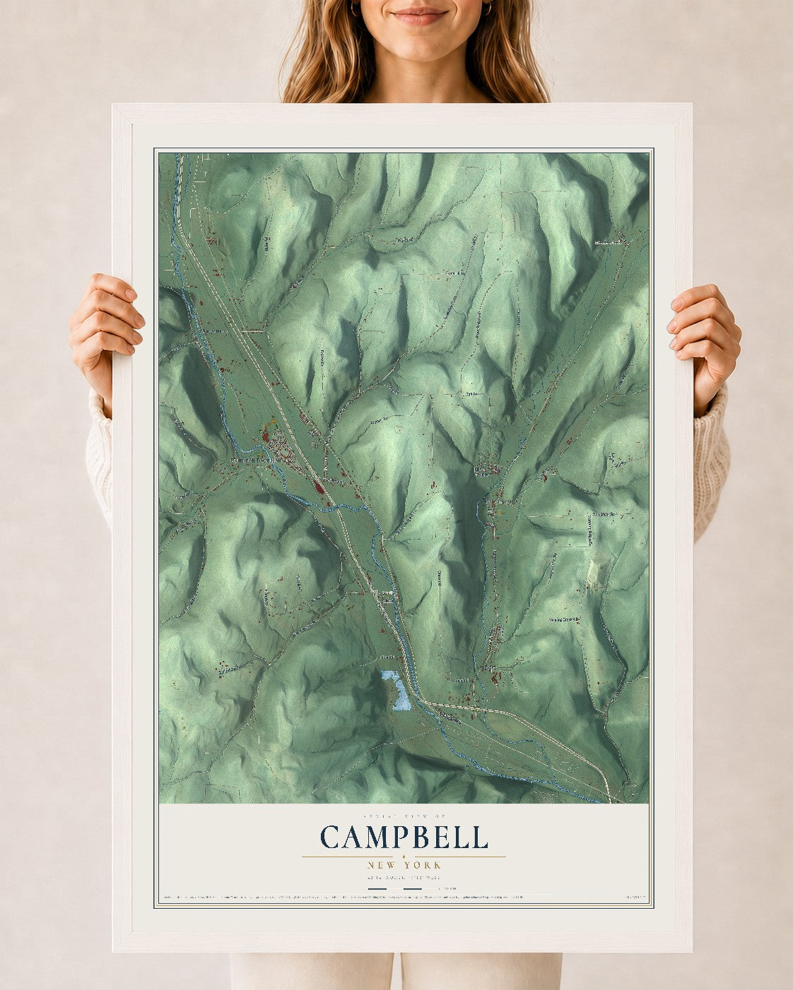 Campbell, New York map print, 24" x 36" W/ White Ayous Wood Frame mockup