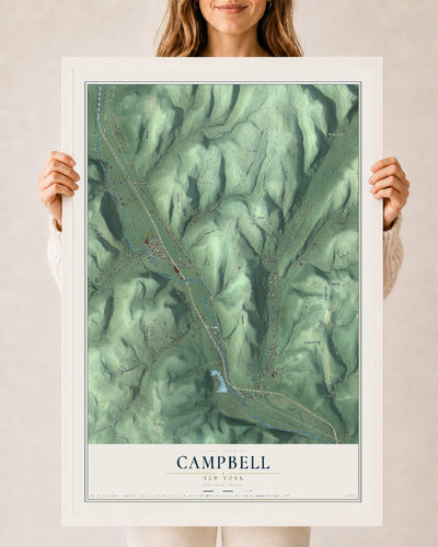 Campbell, New York map print, 24" x 36" W/ White Ayous Wood Frame mockup