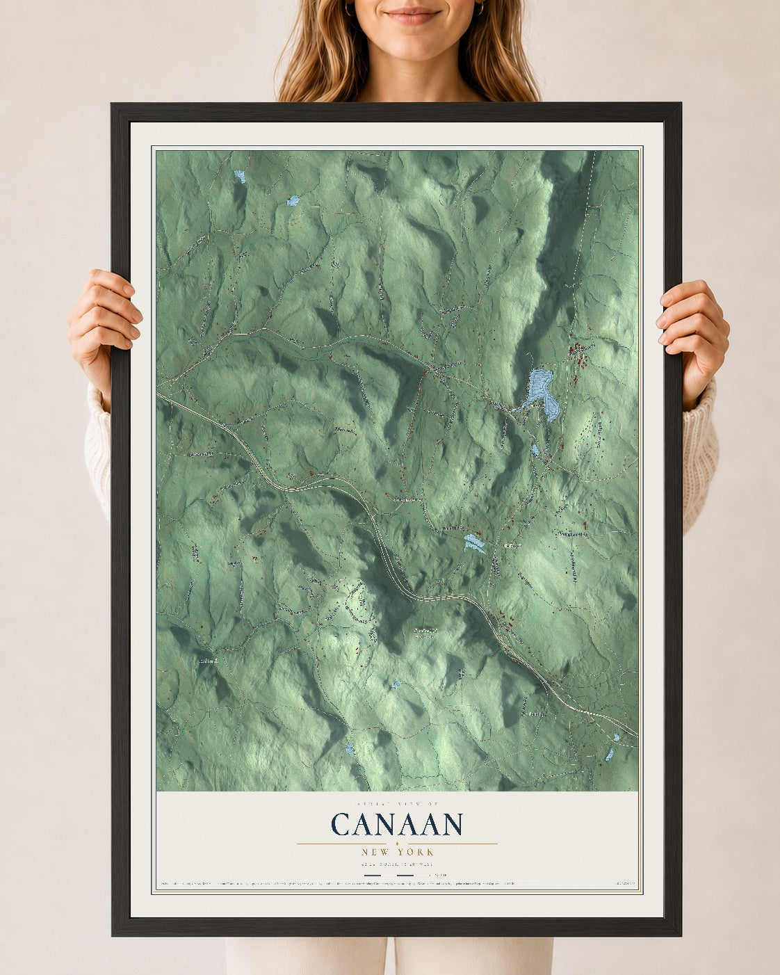 Canaan, New York map print, 24" x 36" W/ Black Ayous Wood Frame mockup