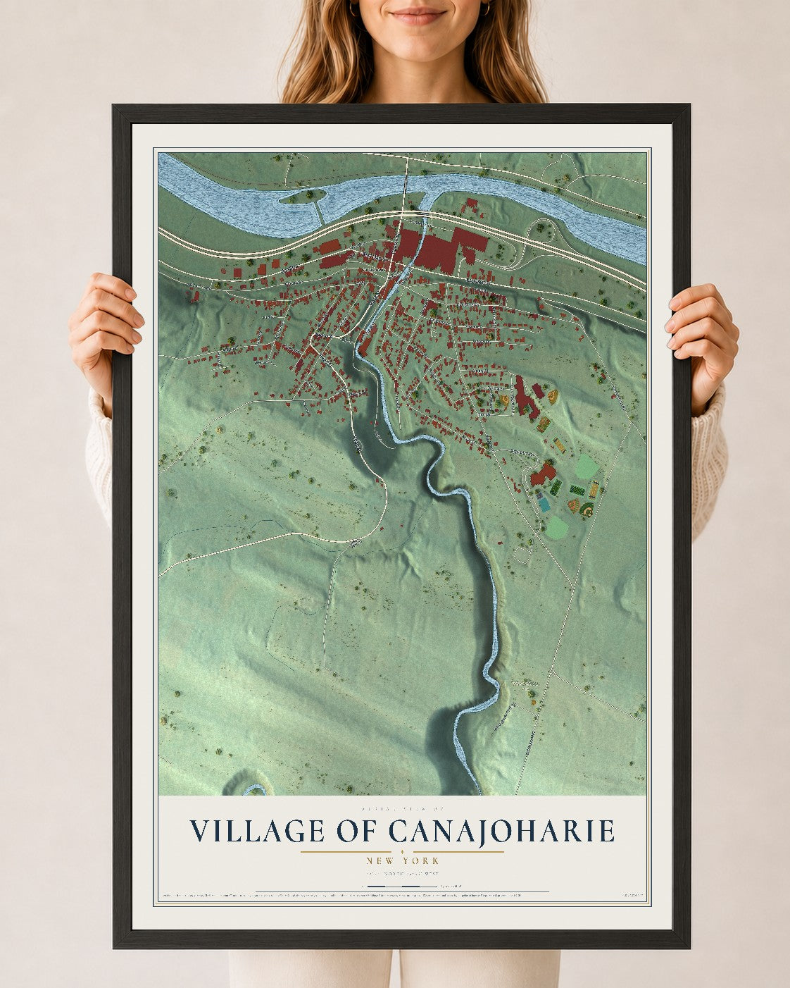 Canajoharie, New York map print, 24" x 36" W/ Black Ayous Wood Frame mockup