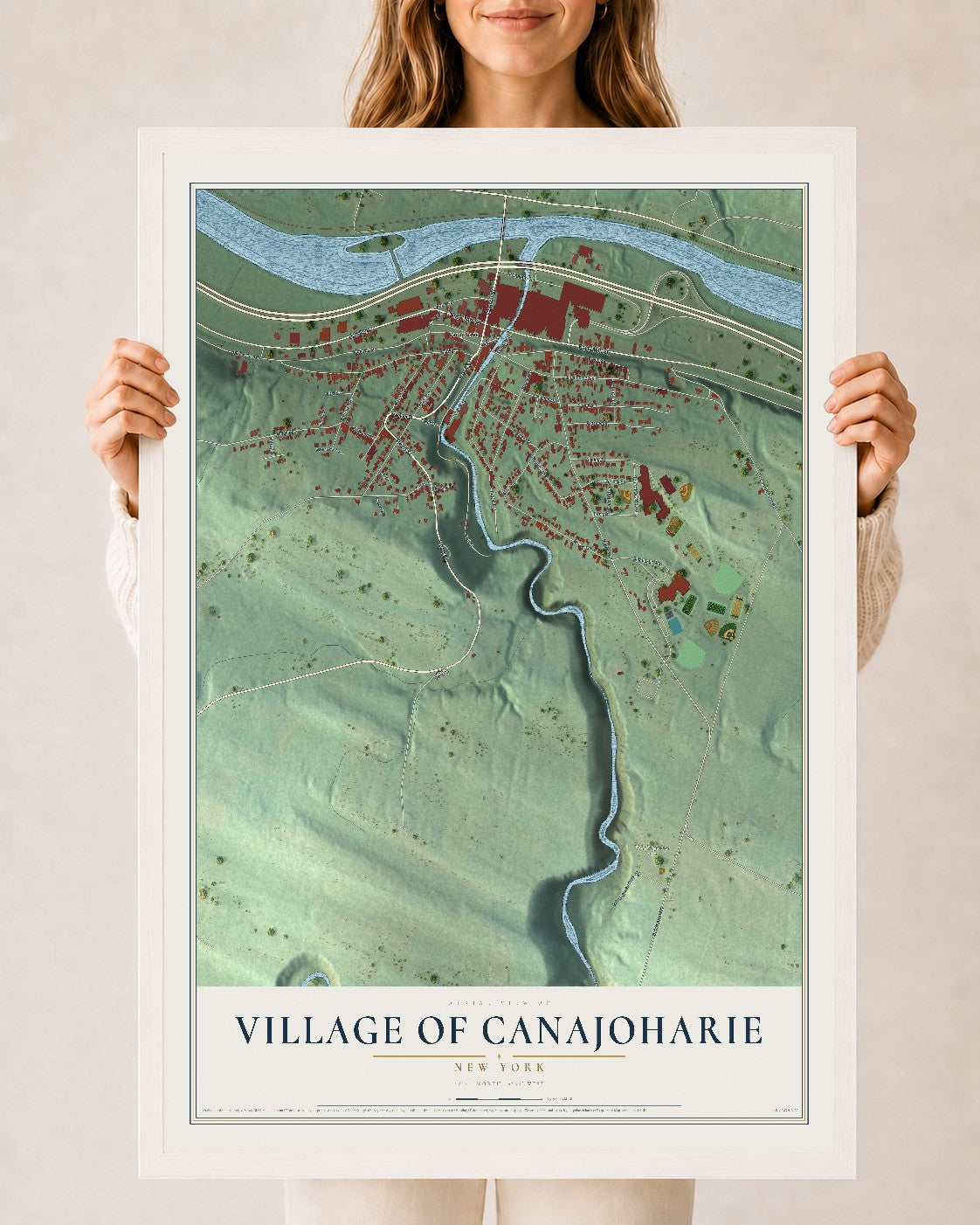 Canajoharie, New York map print, 24" x 36" W/ White Ayous Wood Frame mockup