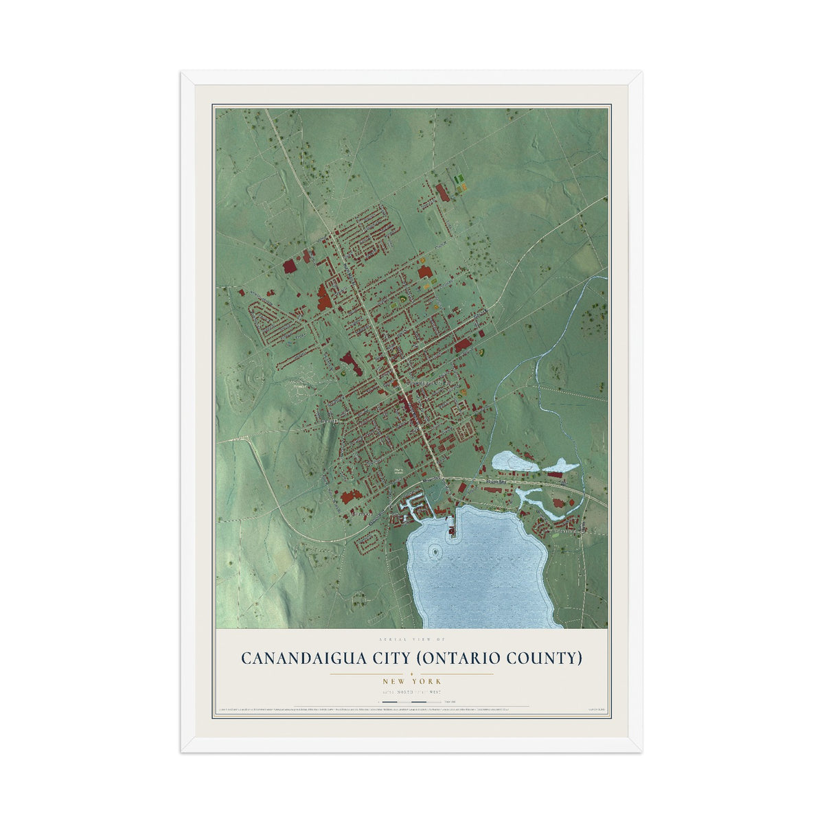 Canandaigua City (Ontario County), New York map print, 12" x 18" W/ White Ayous Wood Frame mockup